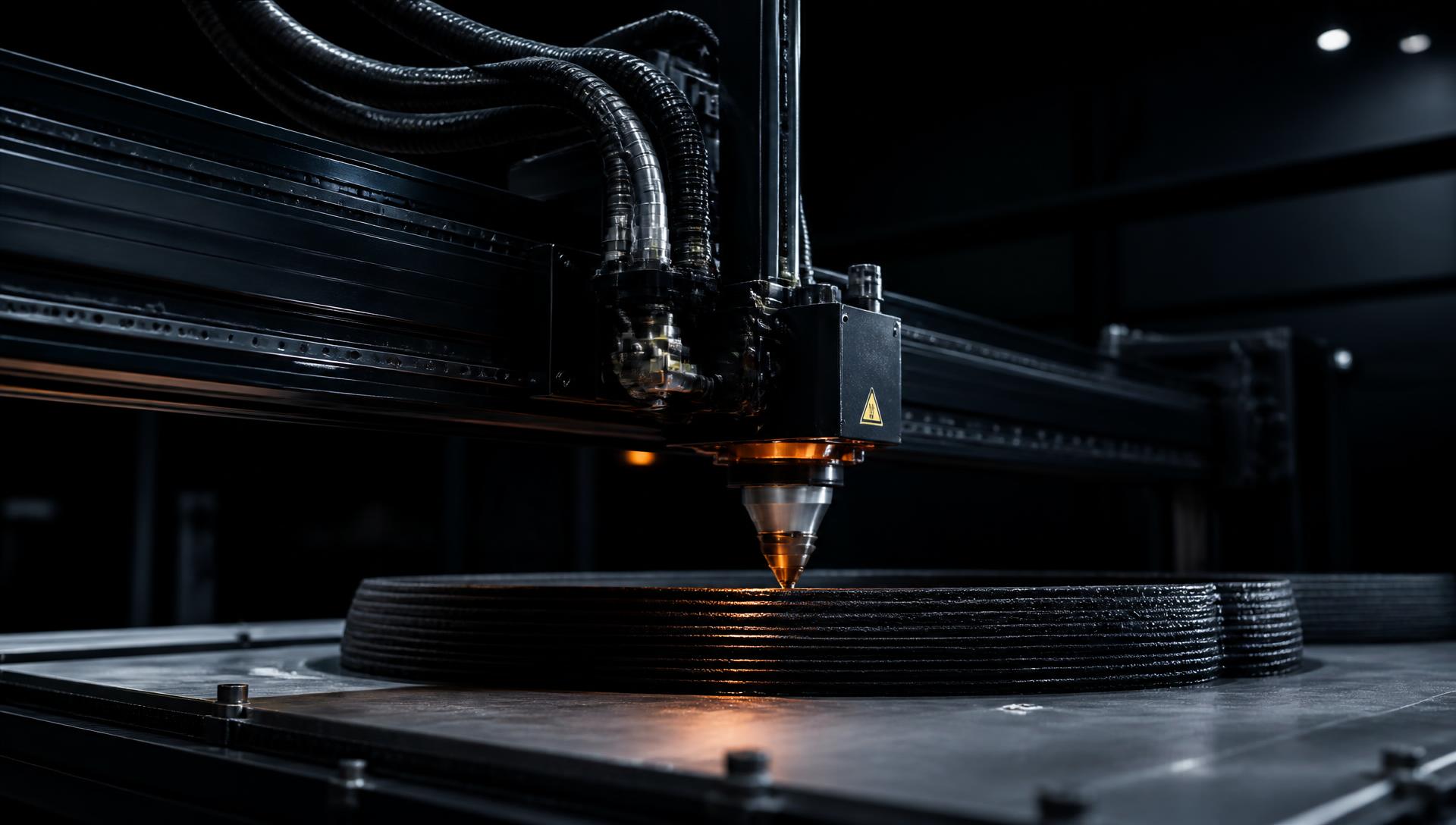 Large-format 3D printer extruding polymer in a dark industrial facility
